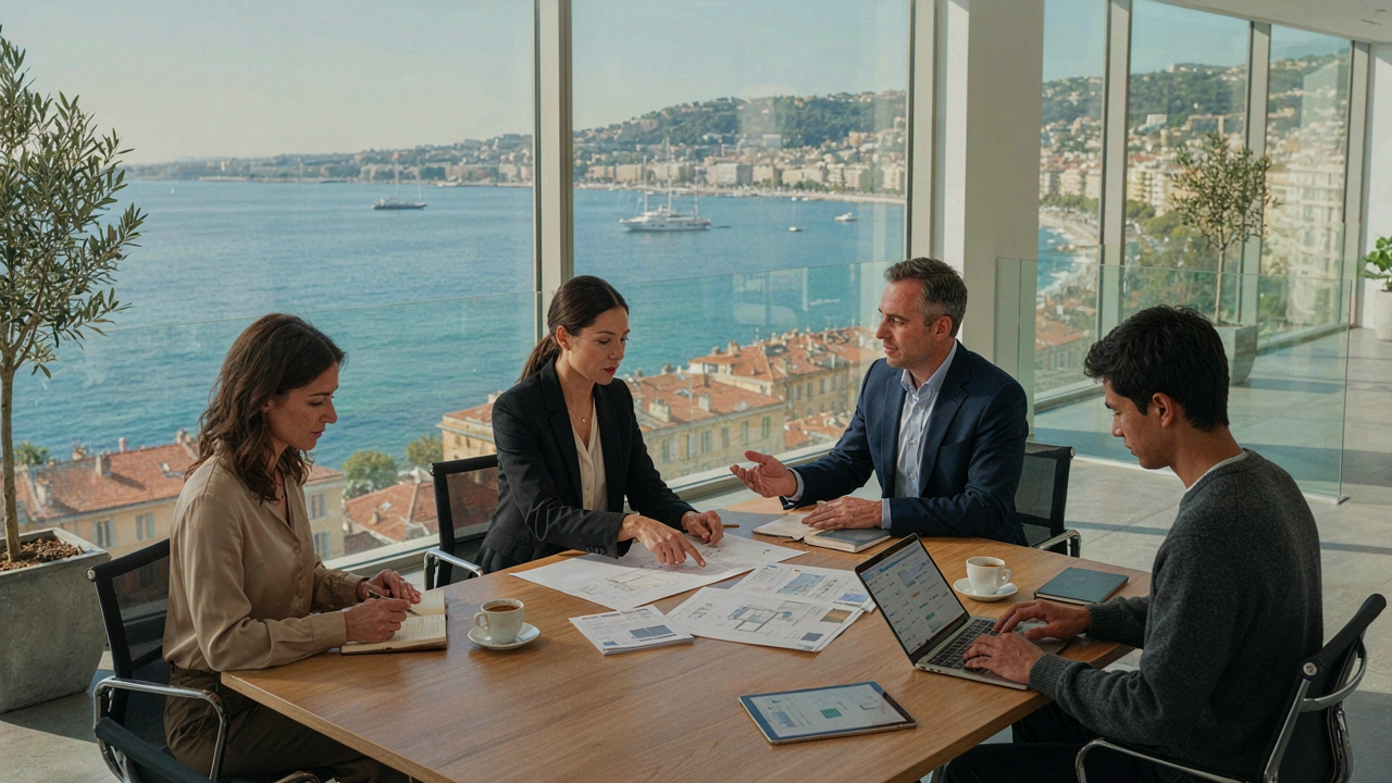 Équipe de professionnels de l'immobilier en réunion dans un bureau lumineux
